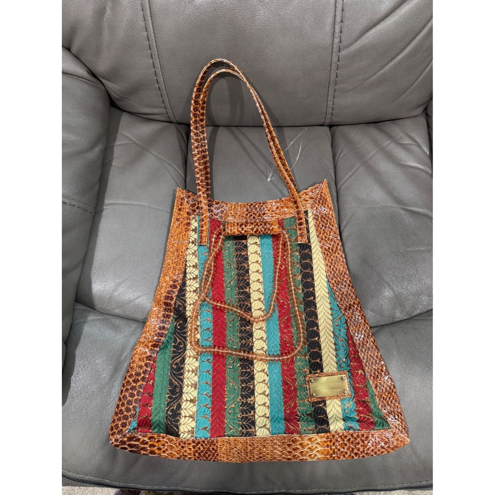 Multicolor Embroidered Snakeskin Print Tote Bag Boho Striped Beaded Handbag